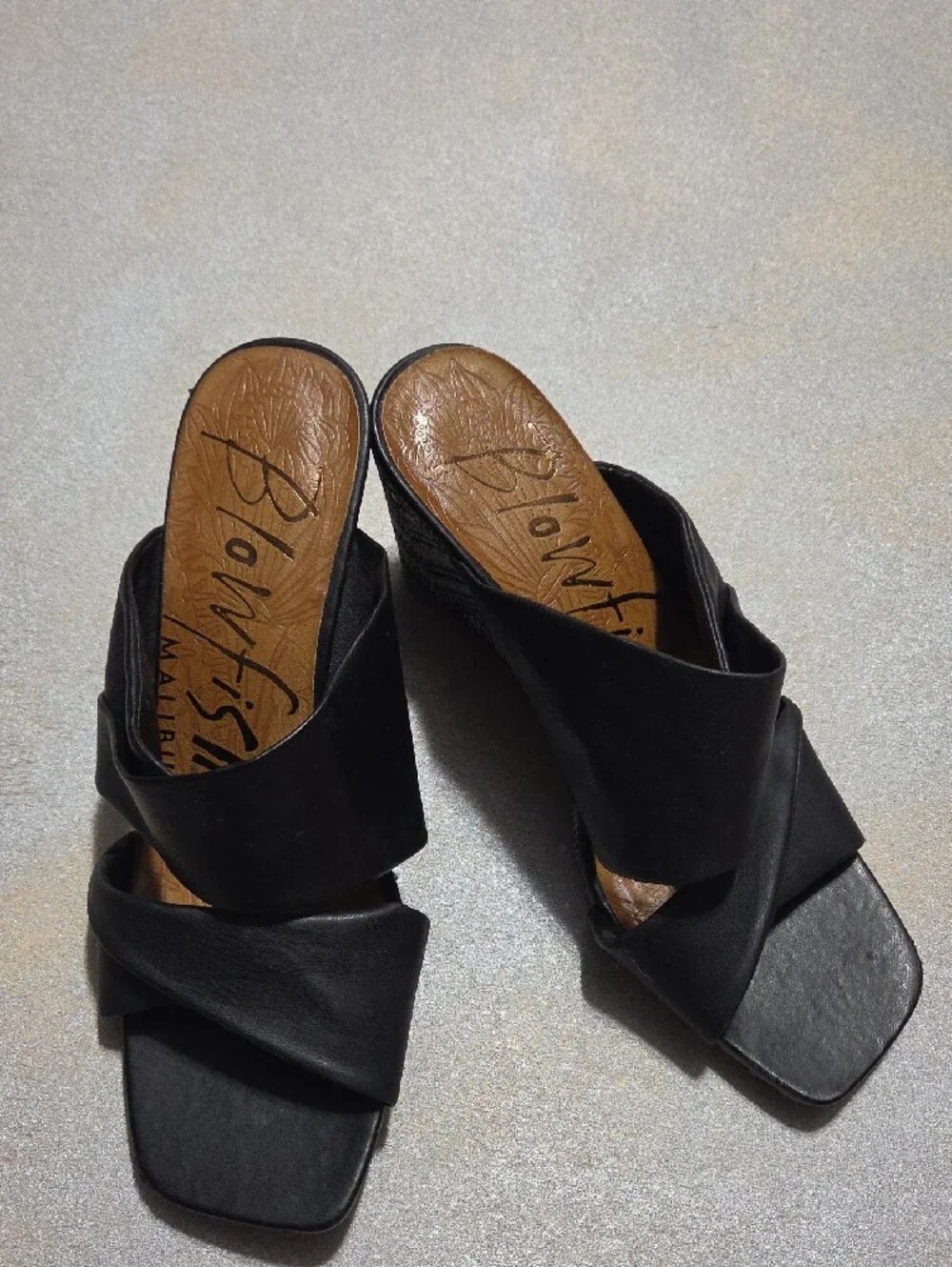 Blowfish Black Crossband Wedge Slides with Patterned Espadrille Heel